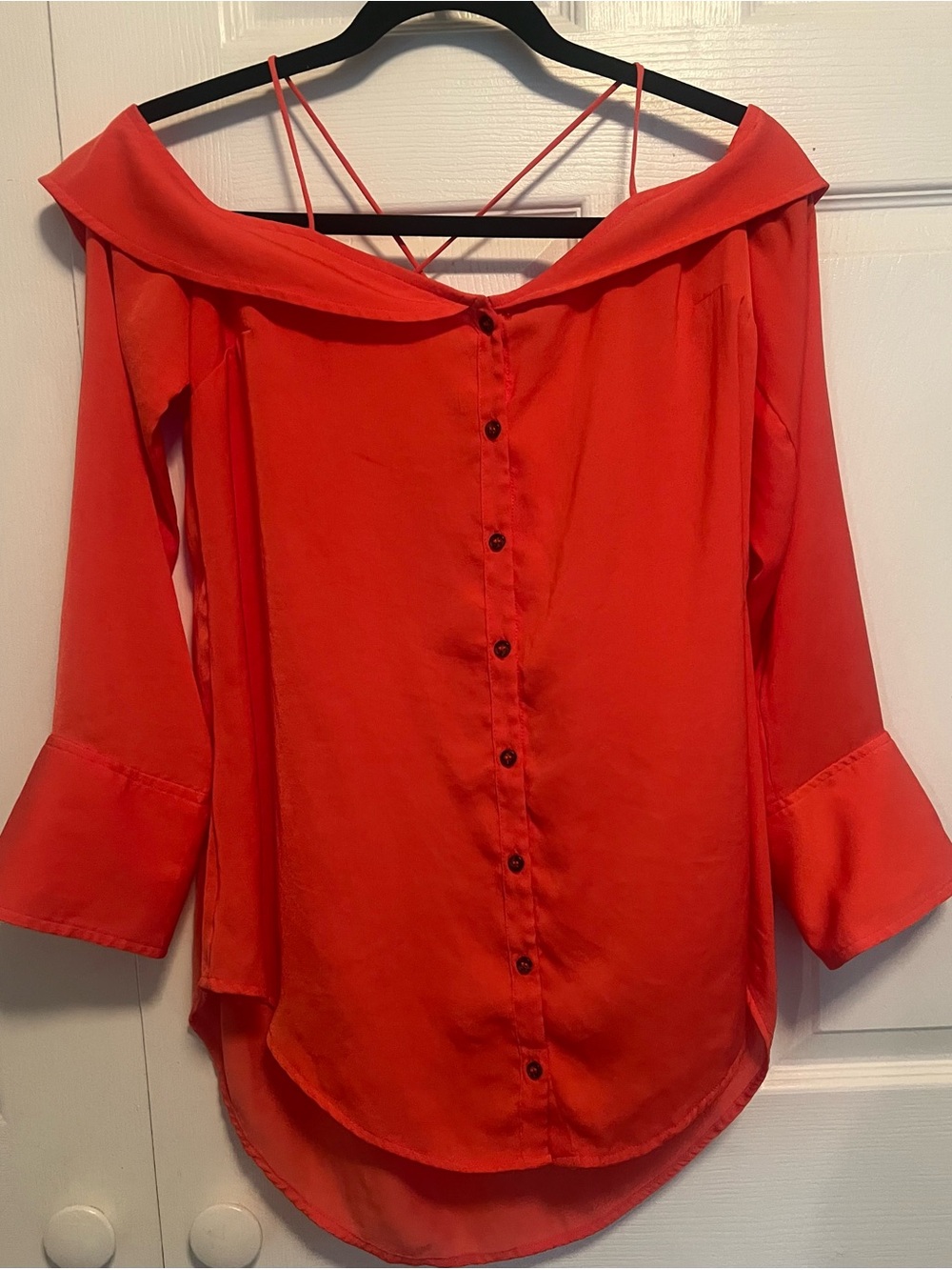 Free People Off-Shoulder Button-Back Blouse in Bright Orange